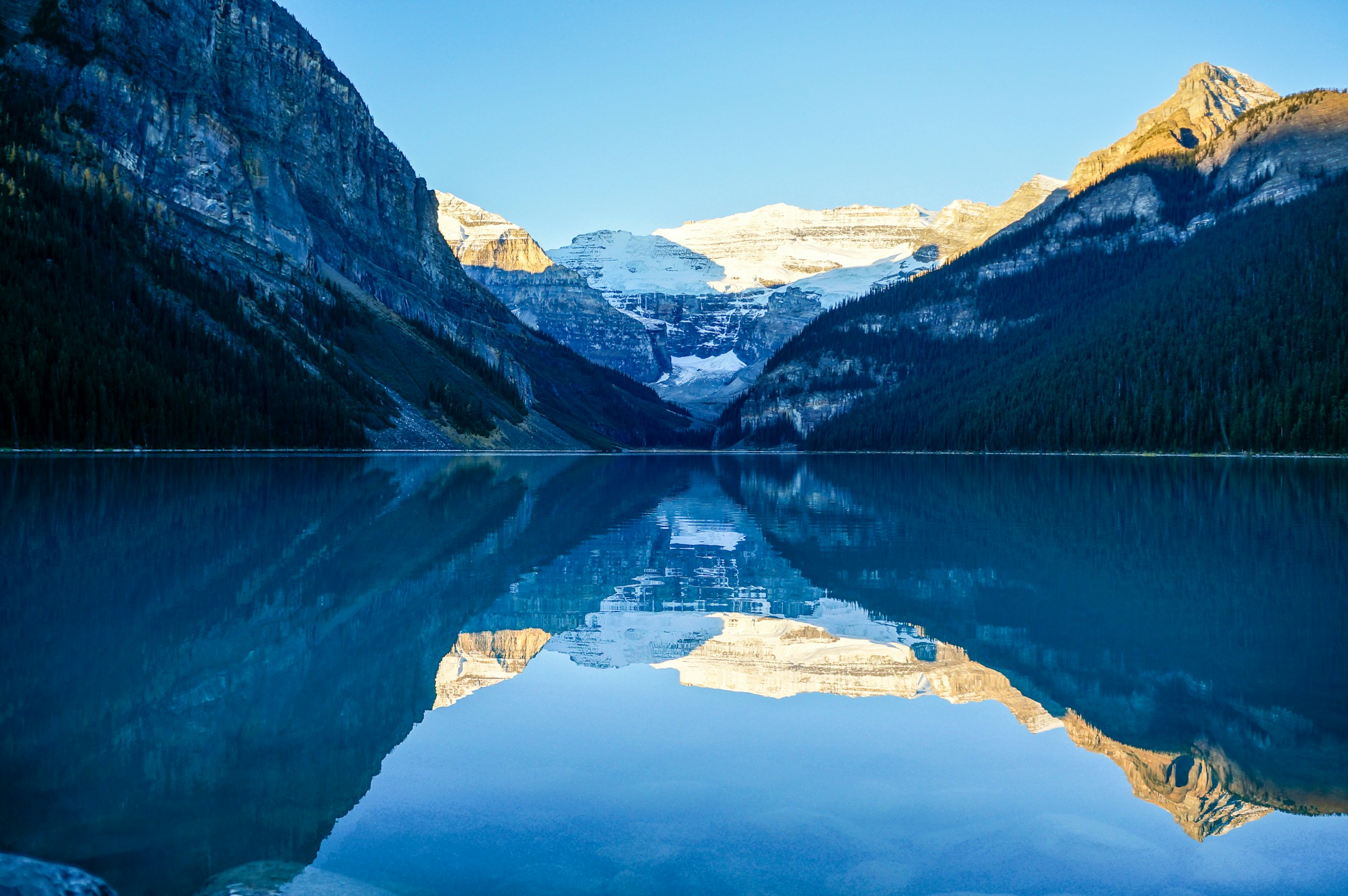 Still blue water at Lake Louise reflecting evergreen slopes and sunlit mountain peaks